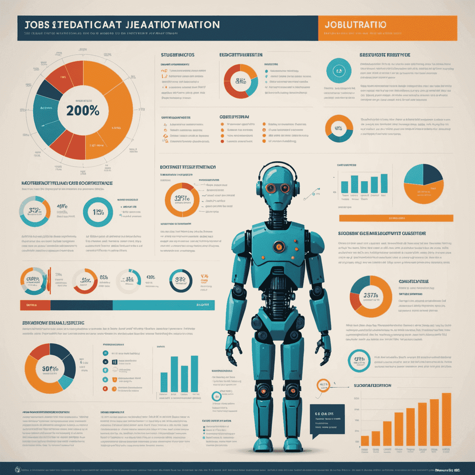 Infografika zobrazující statistiky a trendy v oblasti automatizace pracovních míst pomocí AI